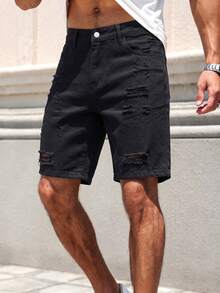 Manfinity Homme Men's Spring/Summer Streetwear Casual Distressed Ripped Straight Leg White Denim Shorts - Black - View 4