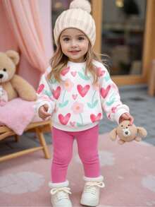 SHEIN Playful Pals 嬰兒幼兒休閒日常可愛運動衫套裝 粉色花卉印花俏皮上衣 針織內搭褲 女嬰秋季服飾 - 粉色 - 查看 9