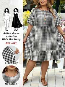 SHEIN CURVE+ 大尺碼格紋百褶休閒正式連身裙 度假風 黑白配色 2026 秋冬 22W - 黑與白 - 查看 1