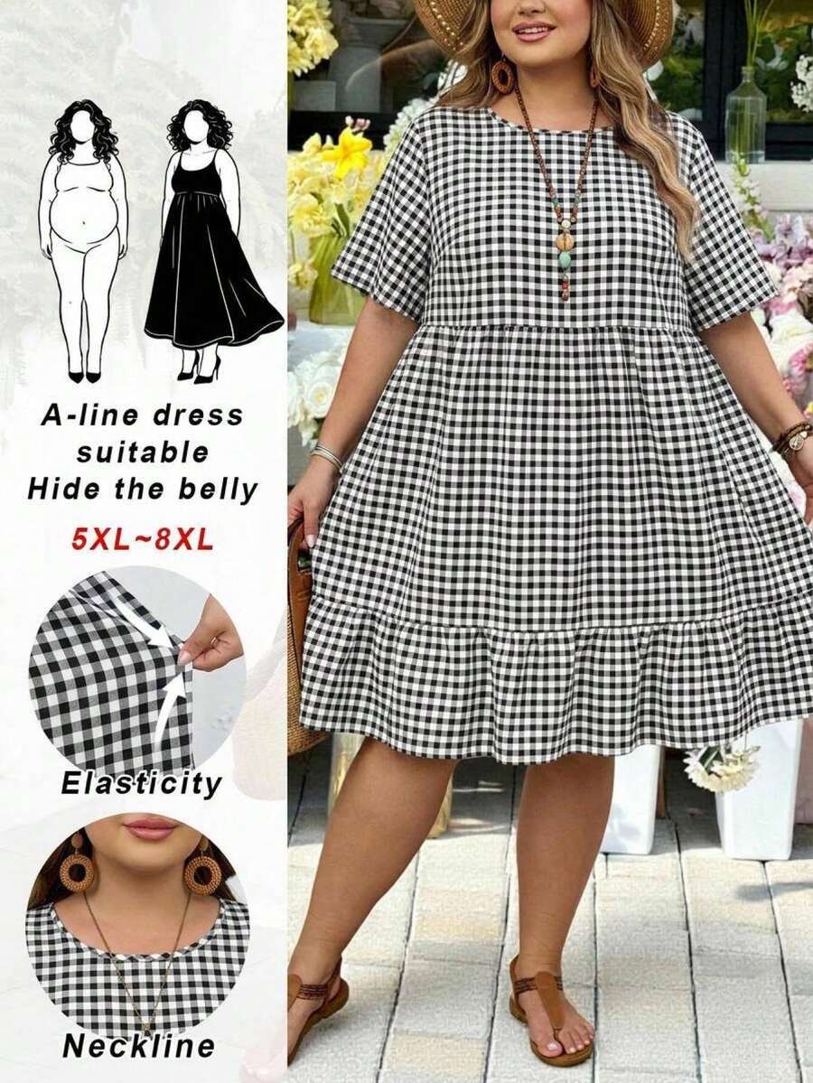 SHEIN CURVE+ 大尺碼格紋百褶休閒正式連身裙 度假風 黑白配色 2026 秋冬 22W - 黑與白 - 查看 1