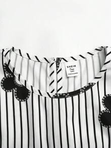 SHEIN 青少年女孩、兒童花卉條紋圓領短袖寬鬆A字休閒短袖洋裝，返校季、畢業典禮 - 黑與白 - 查看 5