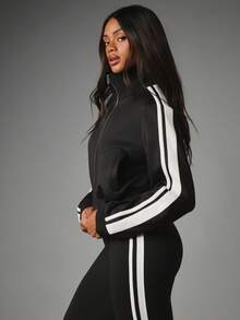 MISSGUIDED Tricot Funnel Neck Full Zip Track Top With Contrast Side Stripe Detail And Ribbed Cuffs - Black and White - View 2