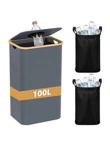 100-Liter Bamboo Frame Storage Bottle Recycling Box| Folding Large Trash Can Laundry Basket For Storage Of Cans And Cans Suitable For Home Kitchens And Bathrooms - Multicolor - View 9