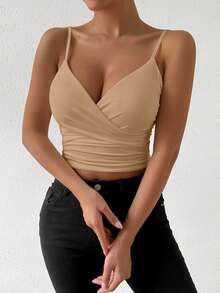SHEIN VaVaLuxe Khaki Summer Seksi Chic Holiday Vacation Holiday Women's V-Neck Backless Sleeveless Ruched Top,Slim Fitting Waist Cinching Elegant Nightclub Top - Khaki - View 7