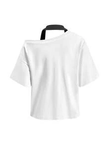 ROMWE Grunge Punk Women's Loose White Colorblock Halter Neck Graphic Tee With Metal Decor, Asymmetric Shoulder Y2K Style - White - View 2
