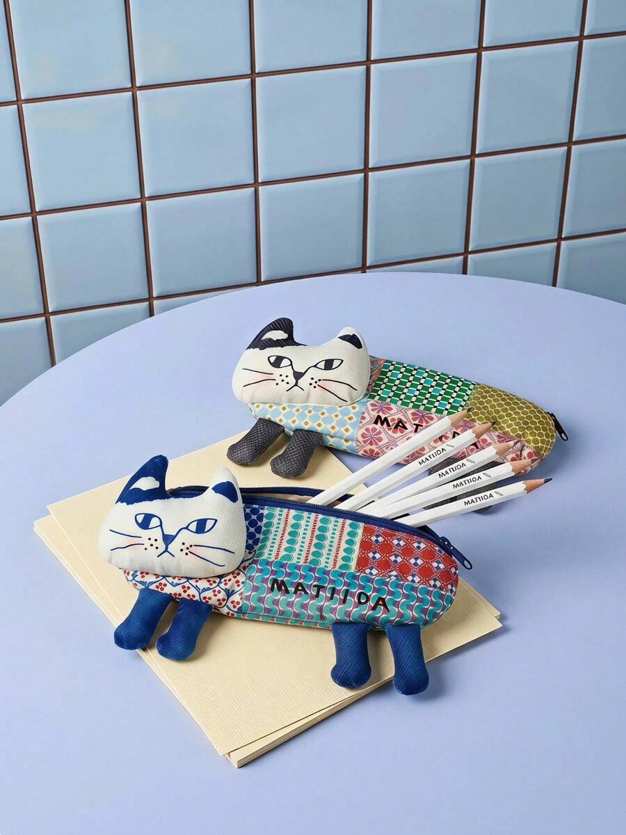 Joivida 1 Buah/2 Buah Tempat Pensil Kucing yang Dipersonalisasi, Tas Penyimpanan Alat Tulis Bordir Kucing 3D, Dompet Unik untuk Siswa Perempuan - warna-warni - View 1