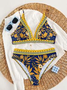 Swim Lushoire Conjunto de bikini de dos piezas con estampado floral sexy y de moda para mujer, traje de baño de verano para la playa (estampado posicionado) - Multicolor - Ver 3