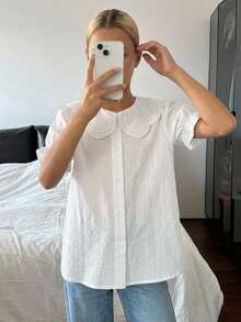 Hapijoa 青少年女孩秋季服飾 青少年女孩翻領短袖襯衫 夏季 - 白色 - 查看 5