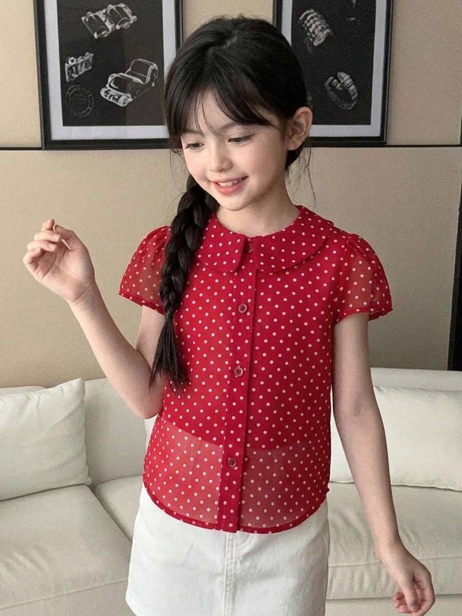 DAZY 可愛波點紅色短袖收腰彼得潘領女童夏季襯衫 - 紅色 - 查看 1