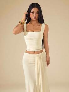 SHEIN PETITE Apricot Ruched Bandeau Top & Low Waist Ruched Flowy Maxi Skirt 2 Pieces Set, Beach Holiday Outfit, Summer Boho Backless, Women's Concert Attire, Bridesmaid 2 Pieces,Work Outfits For Women ,Petite Women - Apricot - View 3