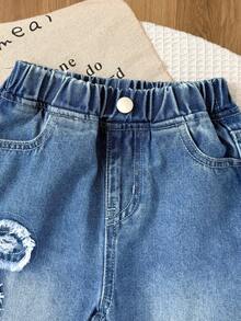 Girls' Versatile Casual Cute Sweet Cool Bow Embroidery Patchwork Loose Straight Leg Washed Denim Jeans, Suitable For Daily Wear, School, Campus, Outings, Dates And More - Medium Wash - View 5