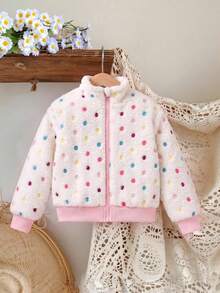 Elladie kids 1件少女甜美可愛波點毛絨拉鍊外套 厚款外套 適合日常休閒外出 春秋冬三季 - 白色 - 查看 4