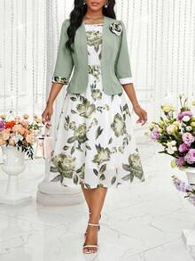 SHEIN Lady 女款純色短版上衣與花卉印花洋裝兩件套 - 彩色 - 查看 1