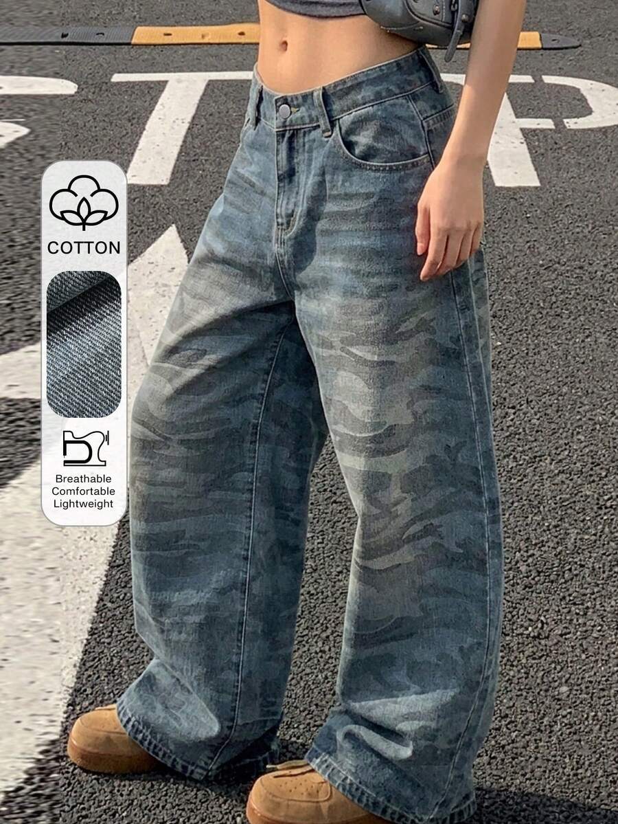 DAZY 夏秋款女款棉質高腰迷彩印花水洗寬鬆直筒寬腿牛仔褲 藍色 - 藍色 - 查看 1