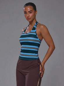 Musera Sport Striped Scoop Neck Fitted Open Back Soft Touch Active Fitted Top Coord Top Only Sport Workout Gym Cute Pilates Fitness Daily - Navy Blue - View 3