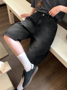 DAZY 女款休閒百搭牛仔短褲，附口袋與鈕扣，適合日常穿著 - 黑色 - 查看 8