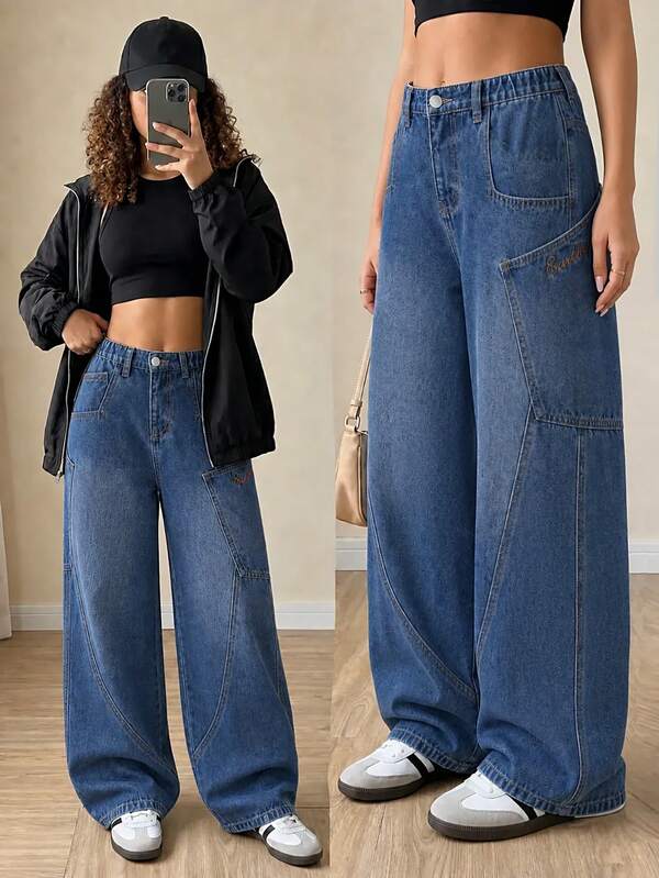 SHEIN بنطلون جينز أزرق داكن جديد للفتيات المراهقات في الربيع/الصيف، بتصميم ساق واسعة منحنية، تصميم تطريز صيفي مع جيوب كبيرة، بنطلون جينز موز بساق مستقيمة فضفاضة، مصنوع من مادة قطنية ناعمة مختارة، أنيق، مناسب للعطلات والخروجات اليومية والمدرسة والتنقل والحفلات والمنزل والمهرجانات، خيار مثالي، بقصة فضفاضة مع تصميم خصر مطاطي
