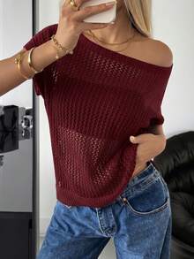SHEIN EZwear 純色鏤空針織短袖毛衣 - 酒紅色 - 查看 6