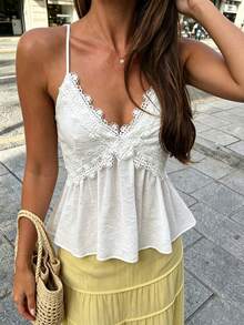 Flora Isola Flora Isola Camiseta sin mangas de unicolor con dobladillo de encaje, estilo casual de vacaciones y playa para mujer, primavera/verano - Blanco - Ver 5