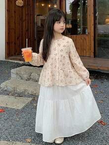 DAZY Blusa de cuello redondo con estampado floral lindo de manga larga para otoño para niñas jóvenes - Beis - Ver 5