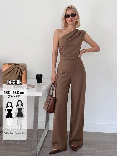 SHEIN PETITE جمبسوت أنيق بلون بني قهوة بكتف واحد للنساء، فاخر ومريح، أسلوب جديد لصيف/خريف 2026. عالي الجودة، للمكتب والتنقل، للنساء الصغيرات