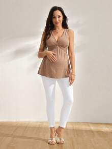 SHEIN 孕婦純色扭結百褶休閒日常上衣 - 摩卡棕 - 查看 5