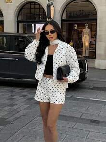 SHEIN PETITE Women's Fashion Polka Dot Print Zipper Front Long Sleeve Jacket And Shorts 2-Piece Set - Black and White - View 5