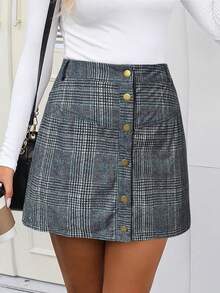 SHEIN LUNE Rok Mini A-Line Slimming Pinggang Tinggi Kancing Tunggal Motif Kotak-kotak Abu-abu Ukuran Plus untuk Musim Gugur - Grey - View 6