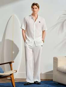 VeloEdit Men's Minimalist Printed Short Sleeve Shirt And Pants SetFall Winter - White - View 3