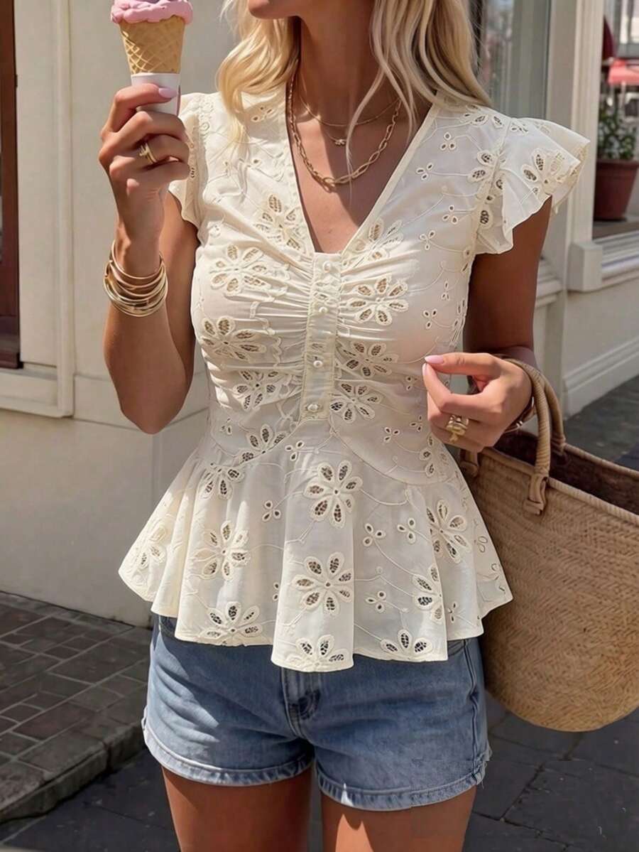 Elyressa 女款刺繡布料鏤空度假襯衫 - 杏色 - 查看 1