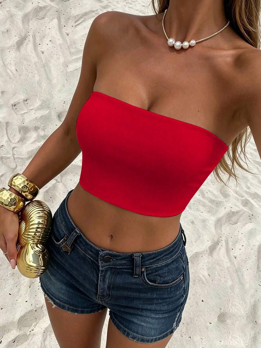 Allurite Top corto bandeau de unicolor para ropa de Año Nuevo para damas - Rojo - Ver 1