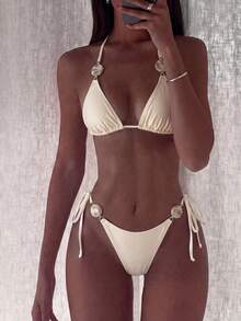 Swim Mod 2026 Spring/Summer Solid Color Sexy Halter Tie-Up 2 Pieces Swimwear, Vacation Bikini Set - Multicolor - View 1