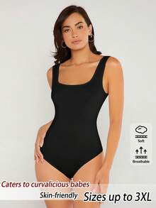 SHEIN BASICS 大尺碼女款純色方領休閒背心連身衣 - 黑色 - 查看 1
