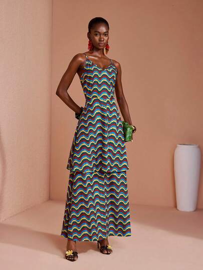 JIAN LASALA Vestido Maxi Feminino Colorido com Camadas, Sem Mangas, Alças Ajustáveis e Estampa Total em Tecido Entrançado