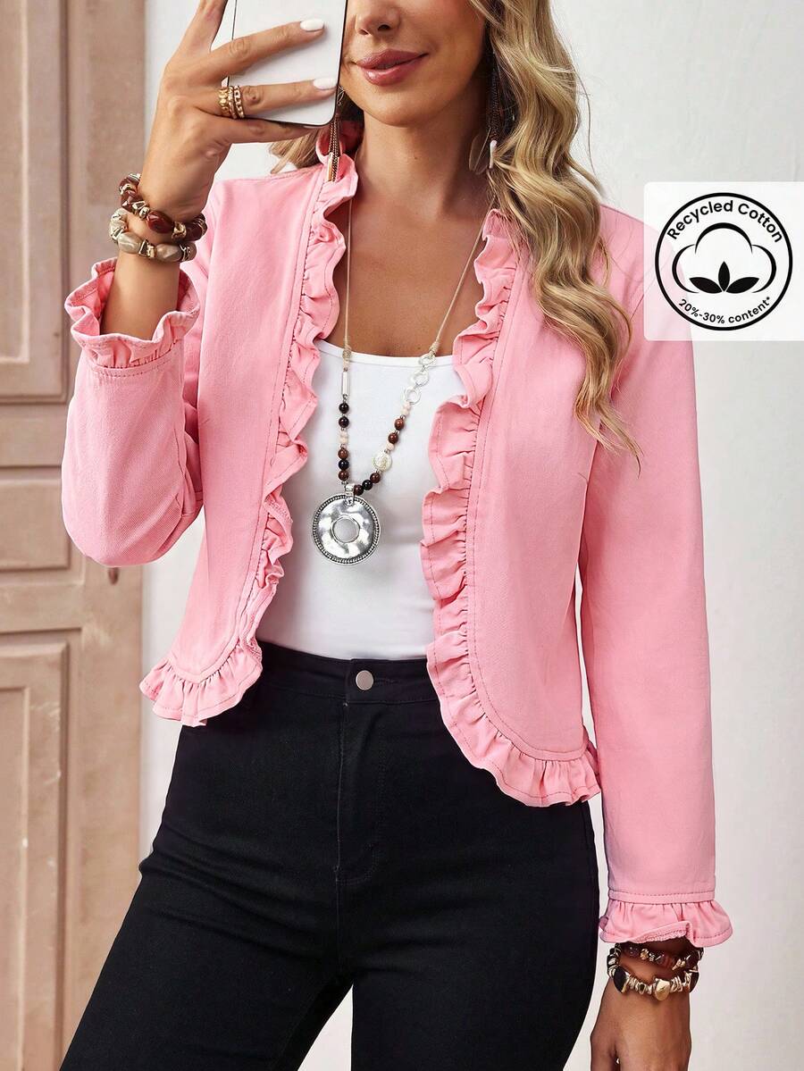 EMERY ROSE Chaqueta de mezclilla azul medio sin elasticidad con volantes para mujer talla grande, estilo casual de calle y cómoda - Rosa - Ver 1