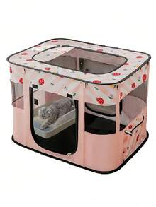 1PC Cartoon Pink Strawberry Print Foldable Pet Tent Octagonal Oxford Cloth Dog Cat House Enclosed Playpen Scratch Resistant Breathable Portable Indoor Outdoor Travel Home Use - Multicolor - View 6