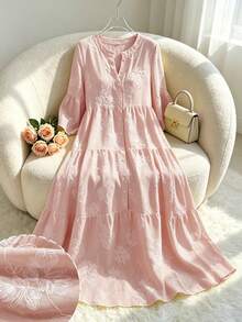 Yasmyna Spring/Summer Gentle Style Yellow V-Neck Embroidered Long Sleeve Loose Slimming Flared Elegant Casual Vacation Dress For Women - Dusty Pink - View 5