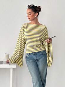 Siren Gaze Retro Striped Boat Neck Loose Top | Batwing Sleeve Slimming Cropped Top - Casual Vacation/Everyday Style - Green - View 2