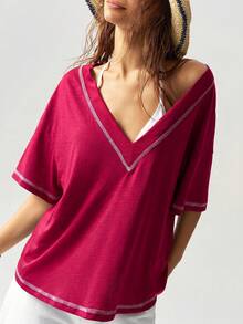 Bohemela Women's Casual Boho Solid Color V-Neck Short Sleeve Loose Regular Fit Knit T-Shirt Beach Pink Sequin Summer - Hot Pink - View 3