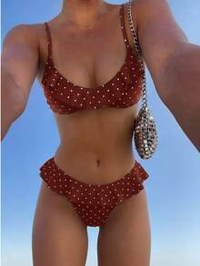 Swim Mod Conjunto de traje de baño con estampado de lunares y volantes para mujer - Burdeos - Ver 1