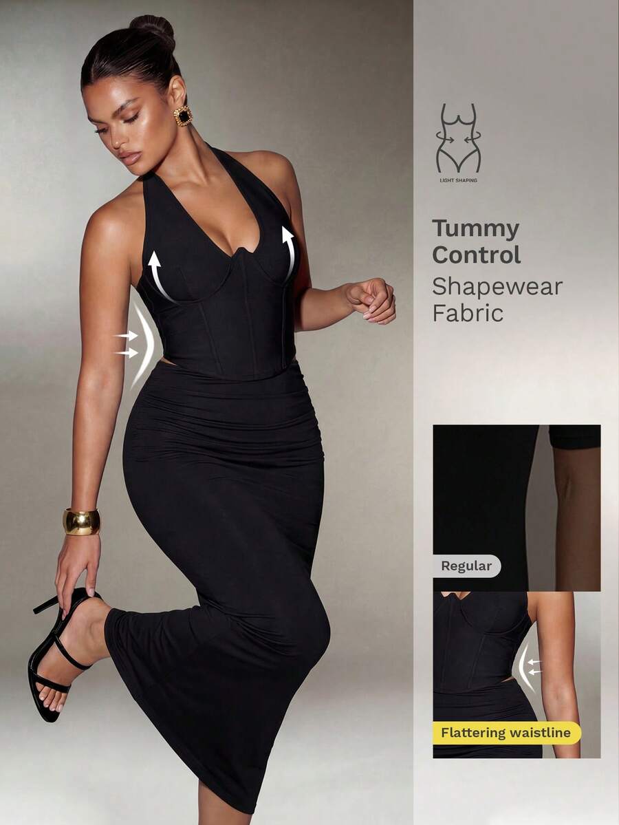 Nuvra Women's Double-Layer Tummy Control Skirt With Shapewear Lining,Elegant Black,Autumn Night Ruched Back Fishtail Hem,Cinched Waist Casual/Office Wear - Black - View 1