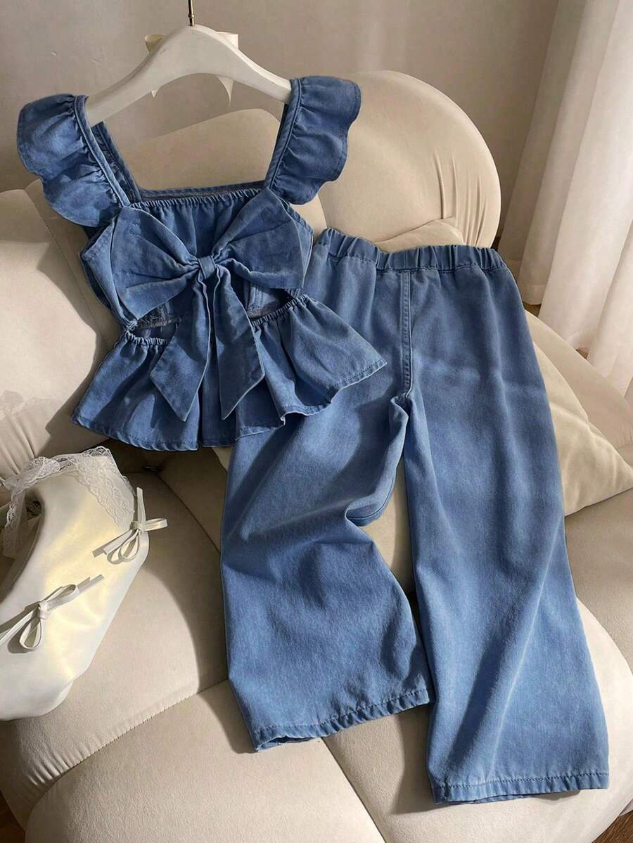 Genkimix Kids 女童夏季休閒蝴蝶結裝飾上衣與牛仔長褲套裝 - 中等水洗藍 - 查看 1