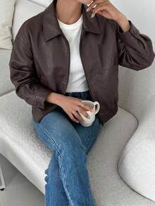 DAZY Spring New Vintage Leather Jacket, Short Style, Regular Fit, Suitable For Valentine's Day - Brown - View 6
