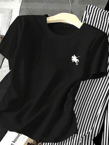 復古時尚迷你 Logo 圖案休閒條紋長褲，青少年女孩極簡休閒時尚修身腰部抓皺 T-shirt 上衣與寬鬆長褲兩件套，適合春/夏休閒日常穿著、街頭風、外出、度假、返校 - 白色 - 查看 5