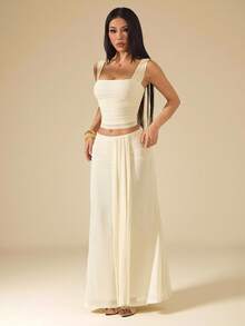 SHEIN PETITE Apricot Ruched Bandeau Top & Low Waist Ruched Flowy Maxi Skirt 2 Pieces Set, Beach Holiday Outfit, Summer Boho Backless, Women's Concert Attire, Bridesmaid 2 Pieces,Work Outfits For Women ,Petite Women - Apricot - View 2