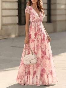 SHEIN LUNE Blue Floral Print High Waist Romantic Elegant A-Line Short Sleeve Midi Dress For Women - Multicolor - View 4