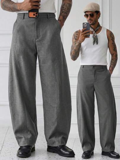HUEFORM Men's Designer Patchwork  Grey Curved Leg Wide Leg Baggy Pants, Minimalist , Suitable For Daily Casual For Men