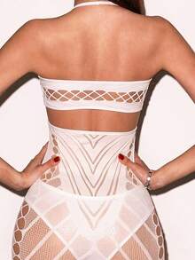 Qdormo Women's Solid Color Cut-Out Design Sexy Halter Neck Mesh Dress Loungewear One Piece - White - View 2