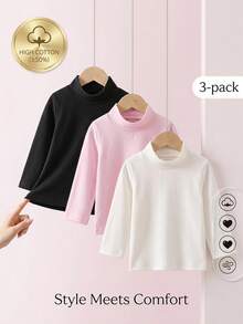 SHEIN 女嬰純色時尚百搭高領長袖上衣3件組 - 彩色 - 查看 1