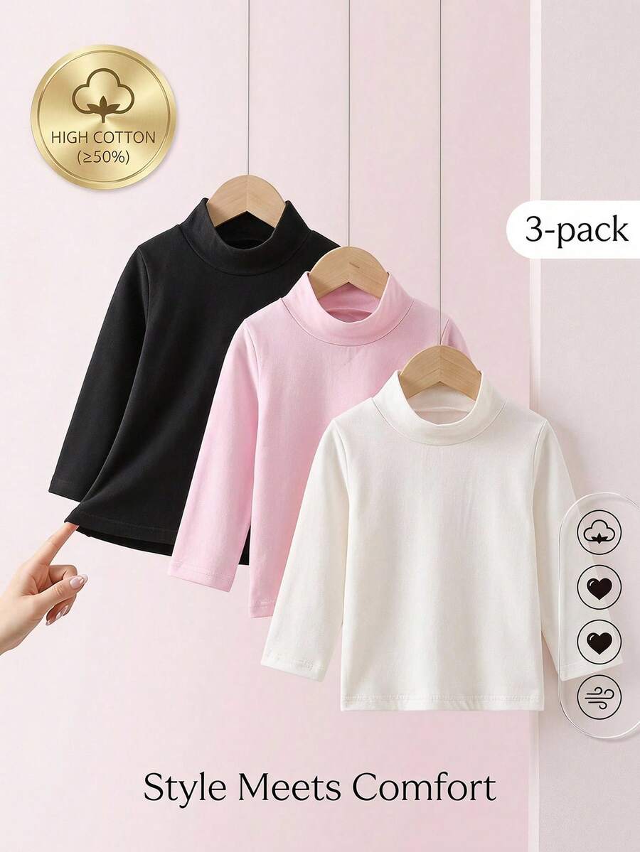 SHEIN 女嬰純色時尚百搭高領長袖上衣3件組 - 彩色 - 查看 1